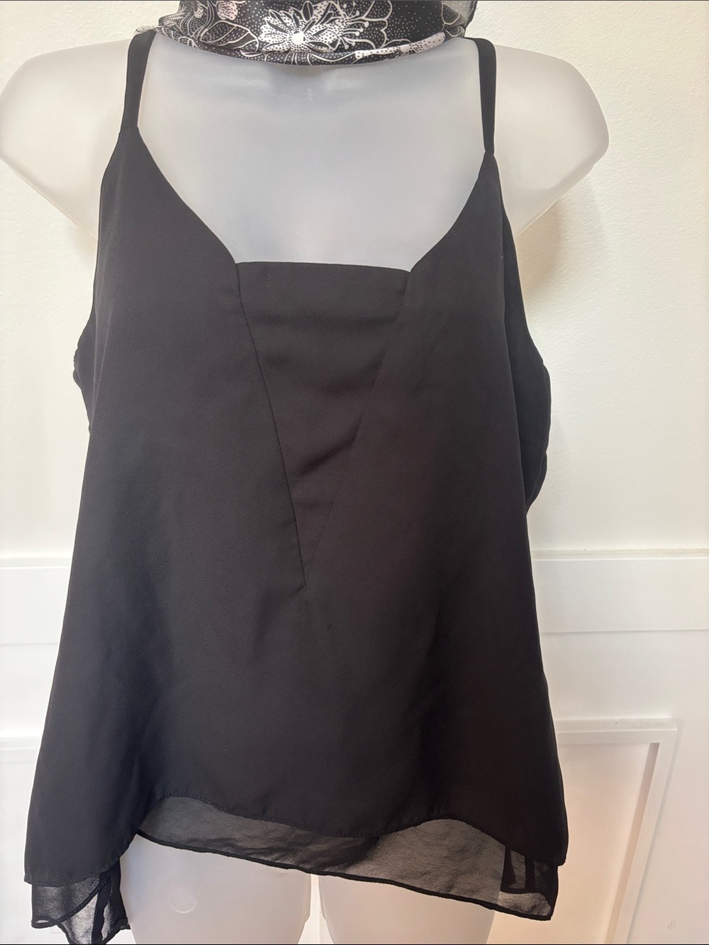 Philosophy multi-layered flowy high-low black chiffon tank top. Size medium